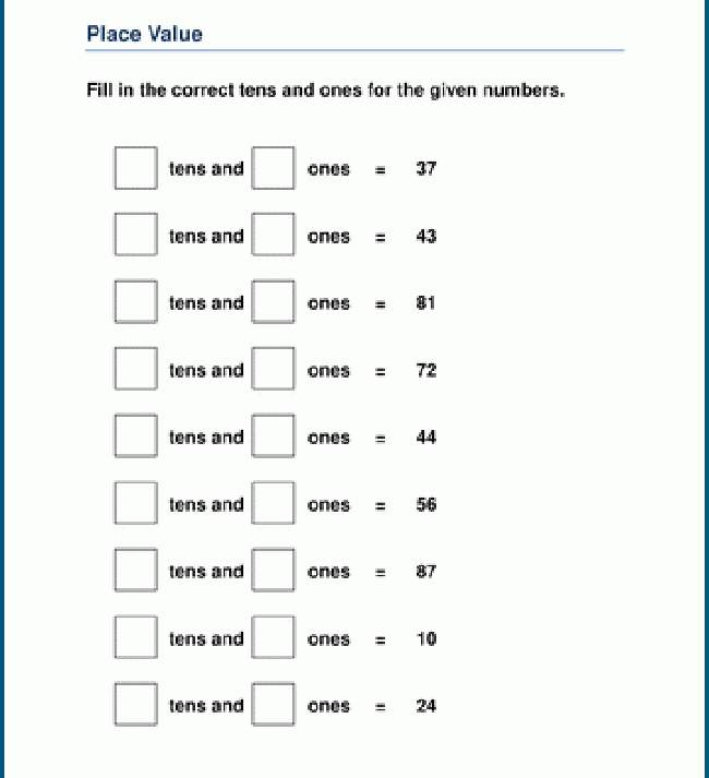 1st Grade Place Value and Number Charts Worksheets