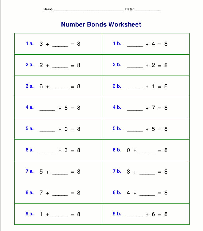 Number bonds worksheets
