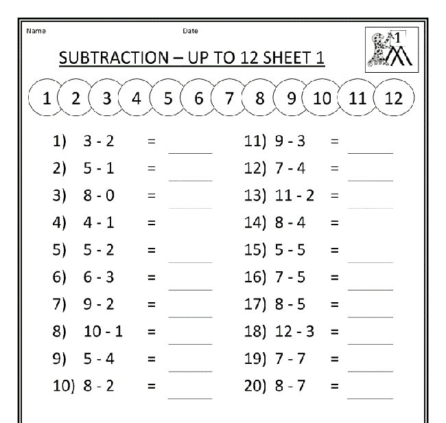 first grade math worksheets mental subtraction to 12 1
