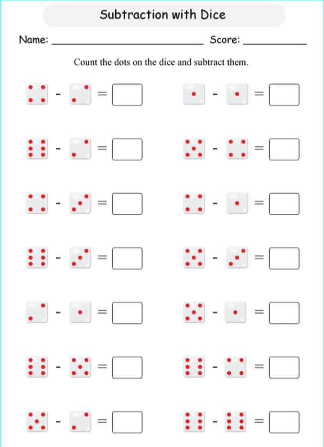 subtract the dots on dice printable grade 1 math worksheet