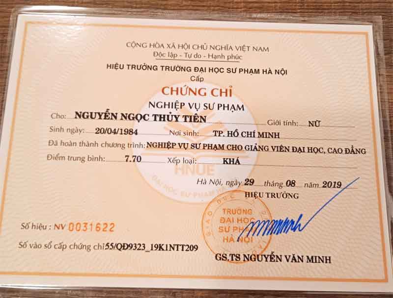 Chứng chỉ nghiệp vụ sư phạm của Cô NGUYỄN NGỌC THỦY TIÊN - Gia sư tiếng Đức của trung tâm gia sư Tâm Tài Đức