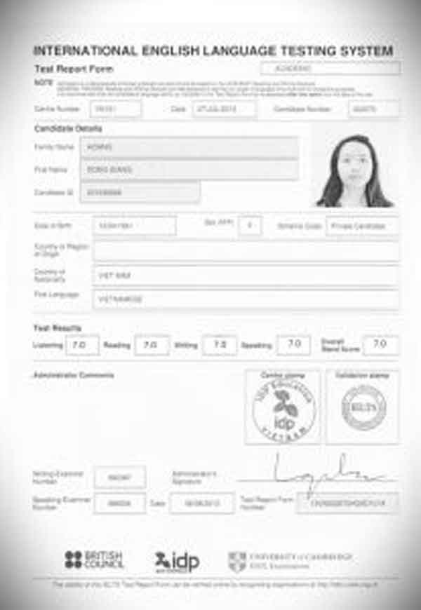 Hình ảnh bằng cấp Ielts của cô Hoàng Đông Giang - Gia sư Ielts của trung tâm gia sư Tâm Tài Đức