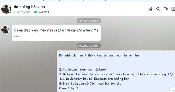 Ảnh Học viên Đỗ Hoàng Bảo Anh hỏi đăng ký học tiếng Ý tại trung tâm gia sư Tâm Tài Đức