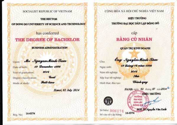 Hình ảnh bằng cử nhân của Thầy Nguyễn Minh Tâm - Gia sư Ielts của trung tâm gia sư Tâm Tài Đức