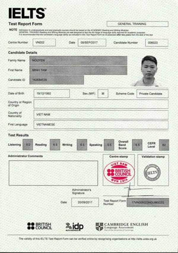 Hình ảnh bằng cấp Ielts của Thầy Nguyễn Minh Tâm - Gia sư Ielts của trung tâm gia sư Tâm Tài Đức