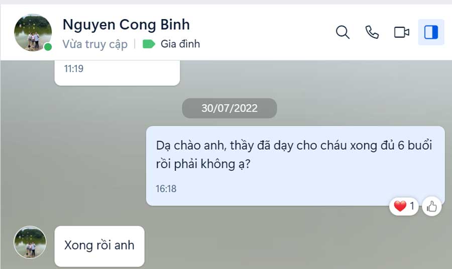 Anh Bình xác nhận con đã học xong 6 buổi với giáo viên